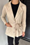 Women's Double-Breasted Collared Jacket with Front Buttons and Waist Belt - 2