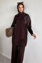 Crew Neck Stone Embroidered Tunic Elastic Waist Pants Hijab Double Set - 3