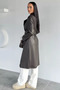 Women's Double Pocket Belted Lined Faux Leather Trench Coat - 4