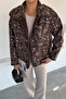 Women's Inner Lined Leather Garnished Snap Fastener Patterned Jacket - 2