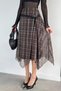 Women's Asymmetrical Skirt with Elastic Waist, Plaid Pattern and Guipure Detail - 2