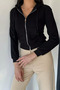 Women's Hooded Double Pocket Front Zipper Ribbed Crop Top Sweatshirt - 2