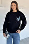 Women's Front and Back Butterfly Printed Three Thread Ribbed Crew Neck Sweatshirt