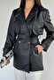 Women's Double Pocket Belted Buttoned Faux Leather Trench Coat - 3