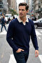 Men's Self-Patterned Polo Collar Knit Sweater