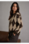 Brown Baklava Pattern Crew Neck Oversize Women's Knitwear Sweater - 2