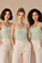 Women's 3-Piece Square Collar Wide Strap 100% Cotton Camisole Basic Undershirt Green