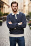 Men's Polo Collar Half Zipper Striped Patterned Knitwear Sweater