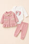 Kiz Baby Girl Patterned 3-Piece Set Jacket, Snap Fastener Bodysuit and Pants Set - 3