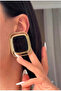 Pearlescent Black Enamel Gold Detailed Rectangular Earrings