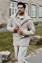 Men's Beige Cotton Slim Fit Polo Collar Long Sleeve T-Shirt