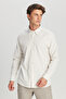 Men's Beige-White 100% Cotton Flannel Slim Fit Slim Fit Hidden Button Collar Striped Shirt - 3