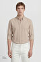 Men's Beige 100% Cotton Slim Fit Slim Fit Buttoned Collar Seersucker Patterned Shirt - 5