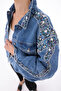 Women's Designer Denim Jacket with Colorful Stone Bead Chain Embroidery Detail, Blue Oversize Fit Bomber Coat, Limited Edition