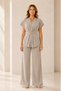 Women's Gold Brooch Double-Breasted Pleated Wide-Leg Pants Set – Beige - 2