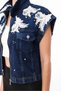 Women's Designer Denim Vest with Pech Lace Embroidery Detail, Blue Oversize Bomber Vest - 2