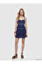Navy Blue Heart Collar Embroidered Peplum Blouse - 2