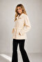 Women's Ecru Cashmere Short Coat Double-Breasted Belted Double-Button Lined Jacket Long Coat - 3