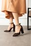 Brown Satin Stone Thick Women's Heeled Shoes - 3