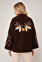 Women's Brown Embroidered Kimono Cashmere Jacket Floral Pattern Oversize Loose Sleeve Bohemian Pinterest - 3