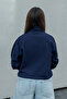 Women's Navy Blue Half-Zipper High-Neck Oversize Sweatshirt with Elastic Comfortable Fit - 2