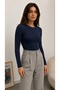 Women's Navy Blue Crew Neck Basic Long Sleeve Soft Stretchy Fabric Blouse - 3