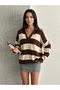 Women's Gray Yellow Striped Oversize Polo Collar Knit Sweater - 2