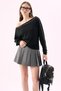 Crep Women's Soft Textured Boat Neck Staple Detailed Flexible Bat Sleeve Blouse Black - 7