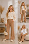 4-12 Years Old Lina Ecru Ruffled Blouse & Camel Ribbed Spanish Flared Pants Girls' Set