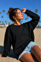 Women's Black Crew Neck Plain Unprinted Oversize Sweatshirt - 2