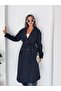 Women's Navy Blue Lined Long Trench Coat with Windbreaker Detail on the Front