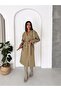 Women's Khaki Lined Long Trench Coat with Windbreaker Detail on the Front - 4