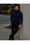 Men's Basic Winter Half-High Collar Long Navy Blue Sweater - 2