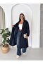 Women's Navy Blue Lined Long Trench Coat with Windbreaker Detail on the Front - 3