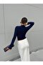 Knitted Fabric Stone-Embellished Blouse Navy Blue - 5