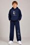Boy's Hooded Sweatshirt with Wolf Drawing Print on Front and Back, Navy Blue Tracksuit Set