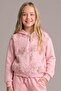 Girl's Embossed Rose Patterned Tulle Hooded Jacket Loose Fit Pocket Detail Pink Top and Bottom Set - 5