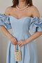 Baby Blue Sleeves Balloon Pleated Atlas Dress - 3