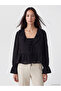 Lcw Everyday Black V-Neck Ruffled Blouse with Tie Detail