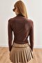 Women's Brown Turtleneck Long Sleeve Blouse with Criss-Cross Drawstring Detail - 6