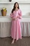 Pink Dress with Elasticated Sleeves, Ruffles, and Belt - 4