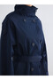 Navy Blue Stand Collar Belted Women's Gabardine Trench Coat - 3