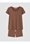 Two Mt Shop Quality Lcw Dream Brown Combed Cotton Patterned Short Sleeve Women's Shorts Pajama Set - 5