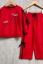 Girl's Sweater with Pearls and Ribbon Detail on Sleeves, Red Tracksuit with Pocket and Ribbon Detail - 3