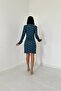 Blue Pleated Patterned Dress - 4