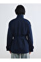 Navy Blue Stand Collar Belted Women's Gabardine Trench Coat - 4
