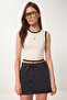 3-Pack Contrast Piping Cotton Blouse Lcr0128 Dark Blue Ecru Brown - 4