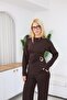 Women's Brown Buckle Drawstring Blouse Pants 2-Piece Set - 8