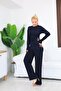 Women's Navy Blue Buckle Drawstring Blouse Pants 2-Piece Set - 6