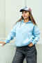 Women's Blue Hooded Zippered Oversize Sweatshirt 80% Cotton Basic Hoodie with Pockets - 6